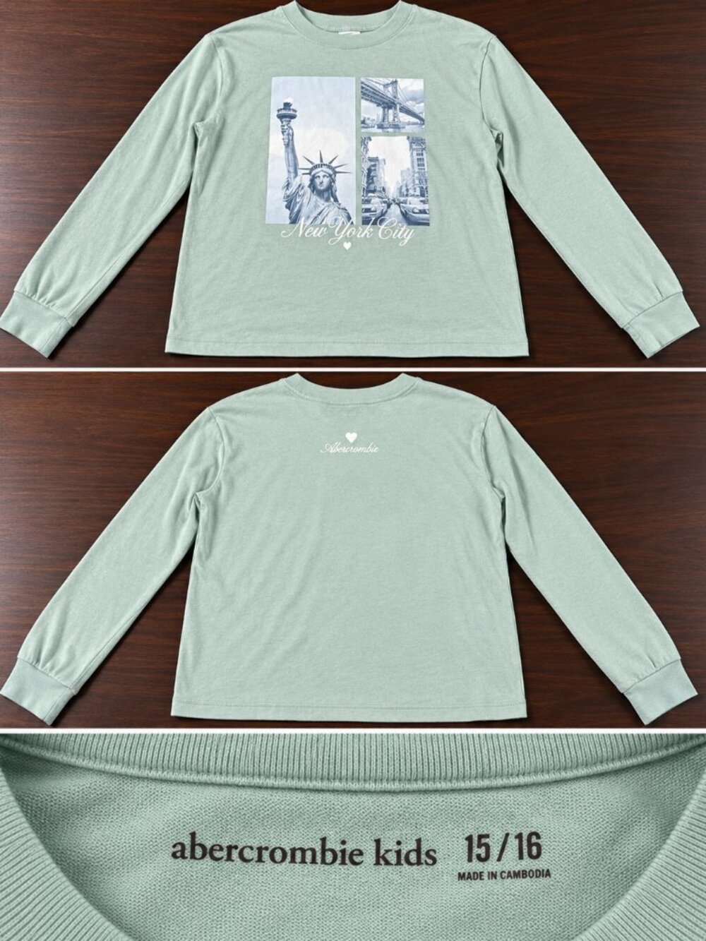 Abercrombie Kids Girls Mint Green NYC Long Sleeve Shirt – Size 15/16